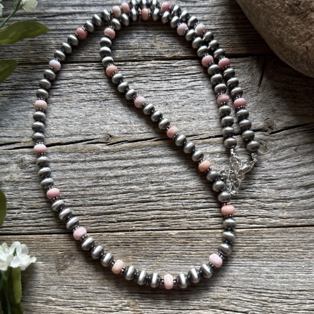 Southwestern Sterling Silver Pink Conch 6mm Pearls Bead Necklace 22 Inch - Picture 3 of 12